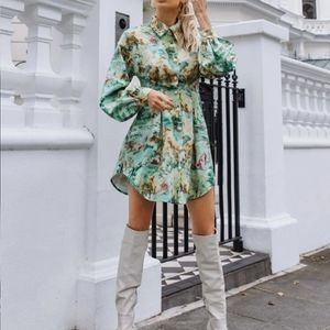 Cute Green Button Up long sleeve front fold pleated dress